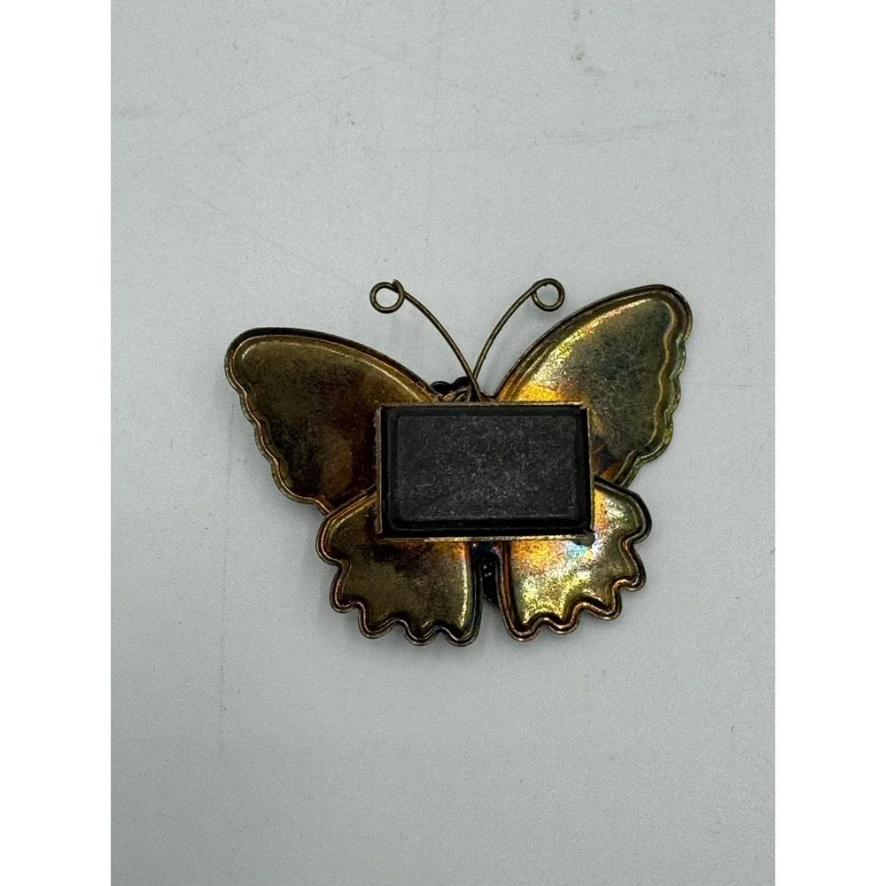 Vintage Fold Tone Butterfly Magnet With Glittery Orange & Purple Wings